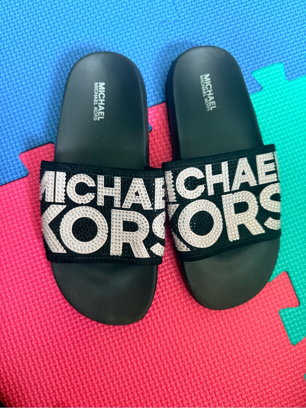 Michael Kors Black Slide Sandals with Rhinestone Logo Strap